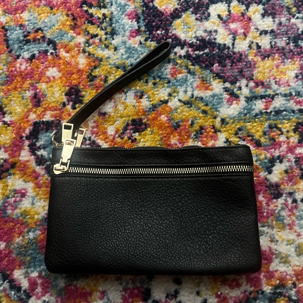 Black Leather Wristlet with Gold Zipper
